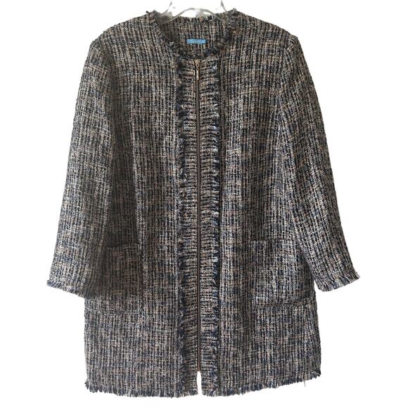J. McLaughlin Navy Blue and Gold Tweed Fringed Walden Coat Size XL - Picture 1 of 5